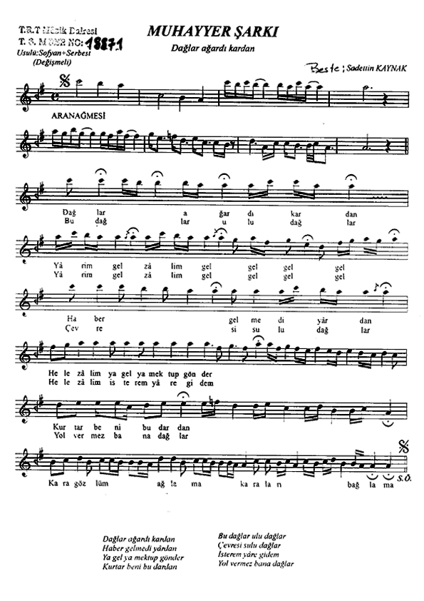 Daglar Agardi Kardan Haber Gelmedi Yardan Musiki Klavuzu